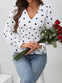 SHEIN LUNE 心形圖案腰部收緊長袖襯衫 - 黑與白 - 查看 4