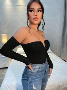 SHEIN SXY Camiseta De Manga Larga De Punto Con Cuello Descubierto - Negro - Ver 5