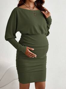 SHEIN 孕婦貼身翼袖連身裙 - 軍綠色 - 查看 4