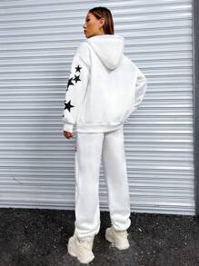SHEIN Unity Hình sao & khẩu hiệu Thả vai Áo hoodie ngắn & Quần nỉ - trắng - Xem 2