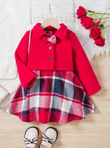 SHEIN Cô gái ( Nhỏ bé ) Kẻ sọc Đầm Và Áo khoác 2 cái/bộ - Đỏ - Xem 3