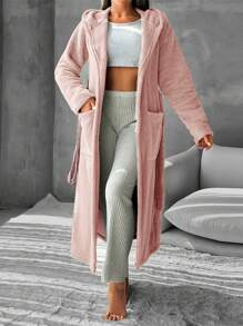 RueChic Dual Pocket Hooded Belted Flannel Lounge Robe - Pink - View 3