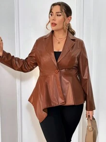 SHEIN Privé 大尺寸 Pu 西裝外套,翻領不對稱下擺 - 棕色 - 查看 5