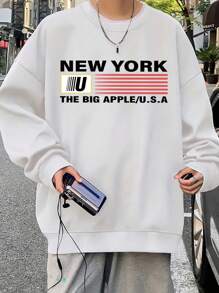 男士圓領垂肩袖休閒運動衫,帶有文字圖形 - 白色 - 查看 1