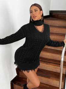 Zolique Women'S Solid Color Stand Collar Hollow Out Knitted Dress Fall Cloth For Women - Black - View 6