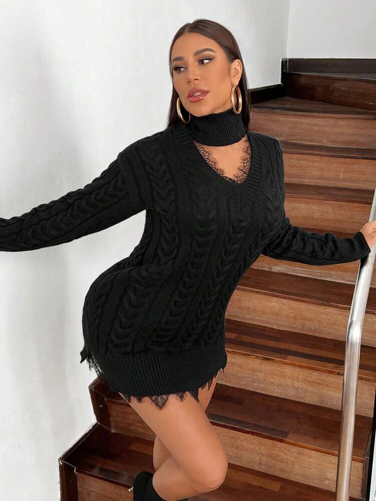 Women'S Solid Color Stand Collar Hollow Out Knitted Dress Fall Cloth For Women