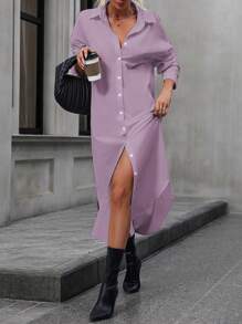 SHEIN Clasi Solid Color Shirt Dress - Lilac Purple - View 4