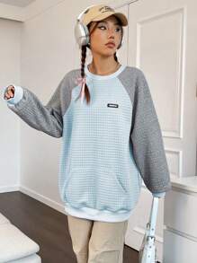SHEIN Unity Sudadera con cuello redondo y mangas raglán con diseño de rejilla texturizada para otoño - Celeste - Ver 6