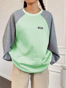 Flirla Textured Grid Raglan Sleeves Sweatshirt Pullover Fall Sweatshirt - Mint Green - View 3