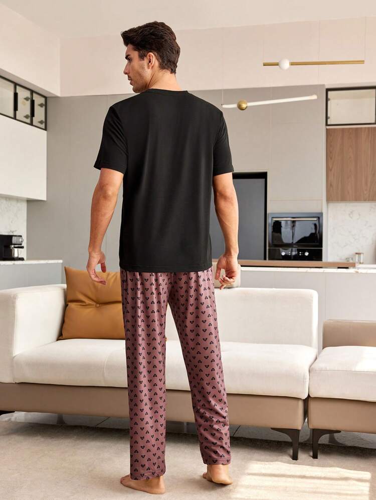 Men's Letter Print Short Sleeve Top & Pants Home Clothing Set