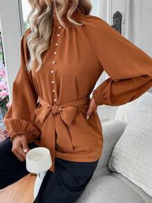 SHEIN Privé Thắt lưng Tay Raglan Áo sơ mi - màu nâu - Xem 6