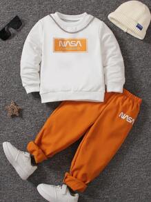 SHEIN 幼兒男童字母印花圓領運動衫和運動褲套裝 - 橘色 - 查看 1