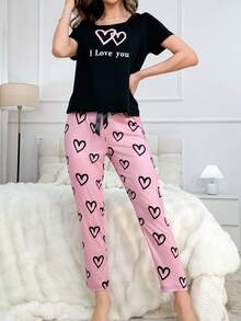 女士心形和標語印花家居服套裝 - 黑色 - 查看 5