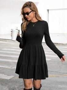 Siren Gaze 長袖肋編針織毛衣連衣裙 - 黑色 - 查看 3