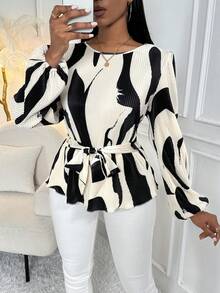 SHEIN Slayr 隨機印花褶皺腰帶襯衫 - 黑與白 - 查看 5