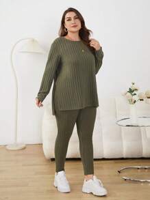 SHEIN Essnce 女款大尺碼羅紋開叉長袖上衣與緊身褲套裝 - 軍綠色 - 查看 3