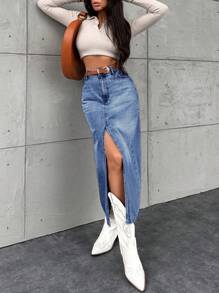 EURMUSE Hoher Schlitz & Ausgefranster Saum Jeans Kurzrock (gürtel Nicht Enthalten), Gewaschen