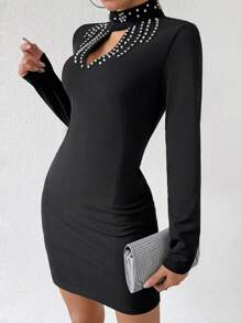 Chiquease Damen Perle Verziertes Kleid Mit Durchbrochenem Kragen - Schwarz - Übersicht 4