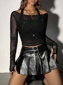 SHEIN ICON 女式透明網眼荷葉邊細部上衣 - 黑色 - 查看 6