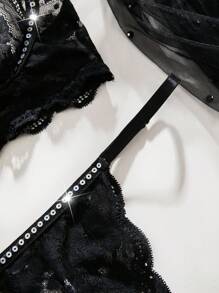 Conjunto De Lencería Sexy Con Encaje De Lentejuelas Y Transparencias