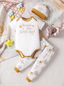 幼兒男童可愛風格白色標語印花連體褲,配大象印花長褲和帽子套裝 - 杏色 - 查看 1