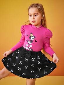 ANIMANIACS X SHEIN Young Girl Cartoon Pattern Long Sleeve Top And Skirt Set - Multicolor - View 5
