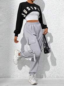 SHEIN Unity Women'S Drawstring Waist Cargo Style Casual Cargo Pants With Pockets - Grey - View 4