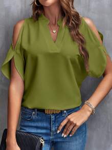 SHEIN Clasi Women's Vintage Leopard Print Casual Vacation Shirt, Summer, V-Neck Notched Collar And Shoulder Cut-Out Design Work Women Shirts Leopard Shirt,