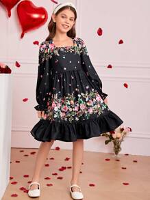 女童花卉印花方領長袖時尚休閒裝,親子裝（單件獨賣3件） - 黑色 - 查看 4