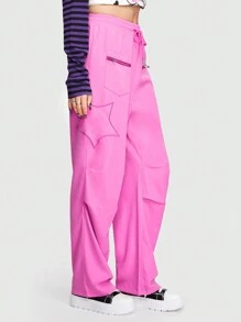 ROMWE Avant 寬鬆直腳粉色褲子,星形拼接,彈性腰帶和拉鍊閉合 - 玫紅色 - 查看 6