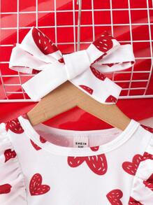 SHEIN 幼兒女孩可愛愛心印花長袖連衣裙,配有蝴蝶結裝飾和頭帶,春秋季節適用 - 白色 - 查看 4