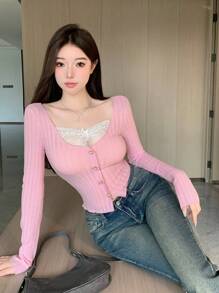 DAZY Của phụ nữ Tay áo dài Ren Nối Áo thun - Hồng - Xem 2