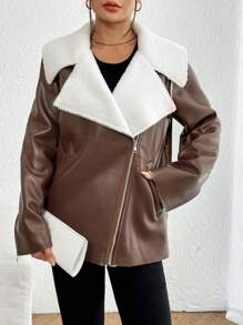 SHEIN LUNE Chaqueta De La Motocicleta, De PU, Para Mujer, Con Solapa De Color Contrastante