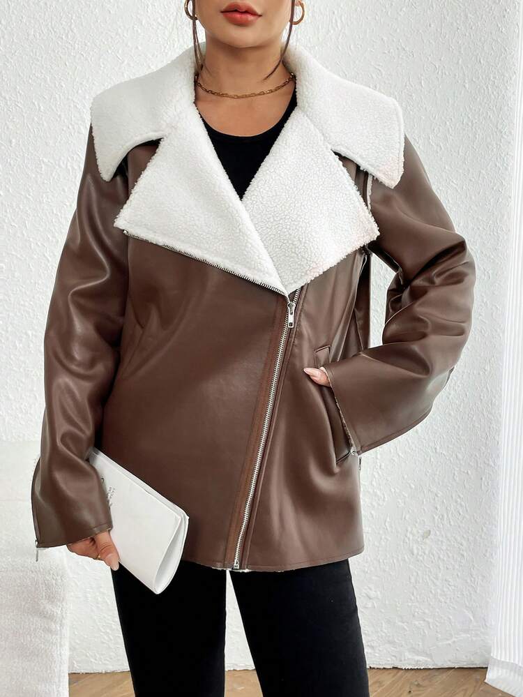 Women'S Contrast Color Lapel Motorcycle Pu Leather Jacket Fall Cloth For Women
