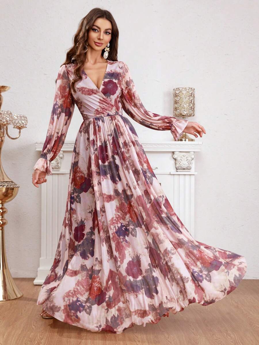 女士花卉印花裹领连衣裙