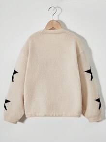 SHEIN Áo len len Tween Girls, màu mơ/đen/trắng, họa tiết ngôi sao, cổ chữ V, dệt kim, thời trang và cá tính, thích hợp để mặc hàng ngày, đi du lịch, các bữa tiệc theo chủ đề ngôi sao và sọc, ngày lễ quốc gia, kỳ nghỉ, áo khoác ấm áp mùa thu và mùa đông. - Màu Khaki - Xem 2