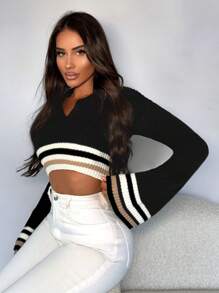 SHEIN SXY Women's Color Block Striped V-Cut Sweater - Multicolor - View 5