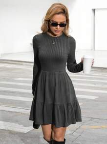 Siren Gaze 女士圓領長袖肋紋條紋連衣裙 - 深灰色 - 查看 6