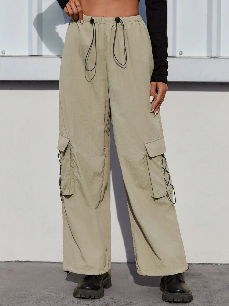 Drawstring Waist Flap Pocket Cargo Pants
