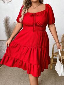 SHEIN CURVE+ Plus Size Sweetheart Neck Puff Sleeve Dress - Red - View 4