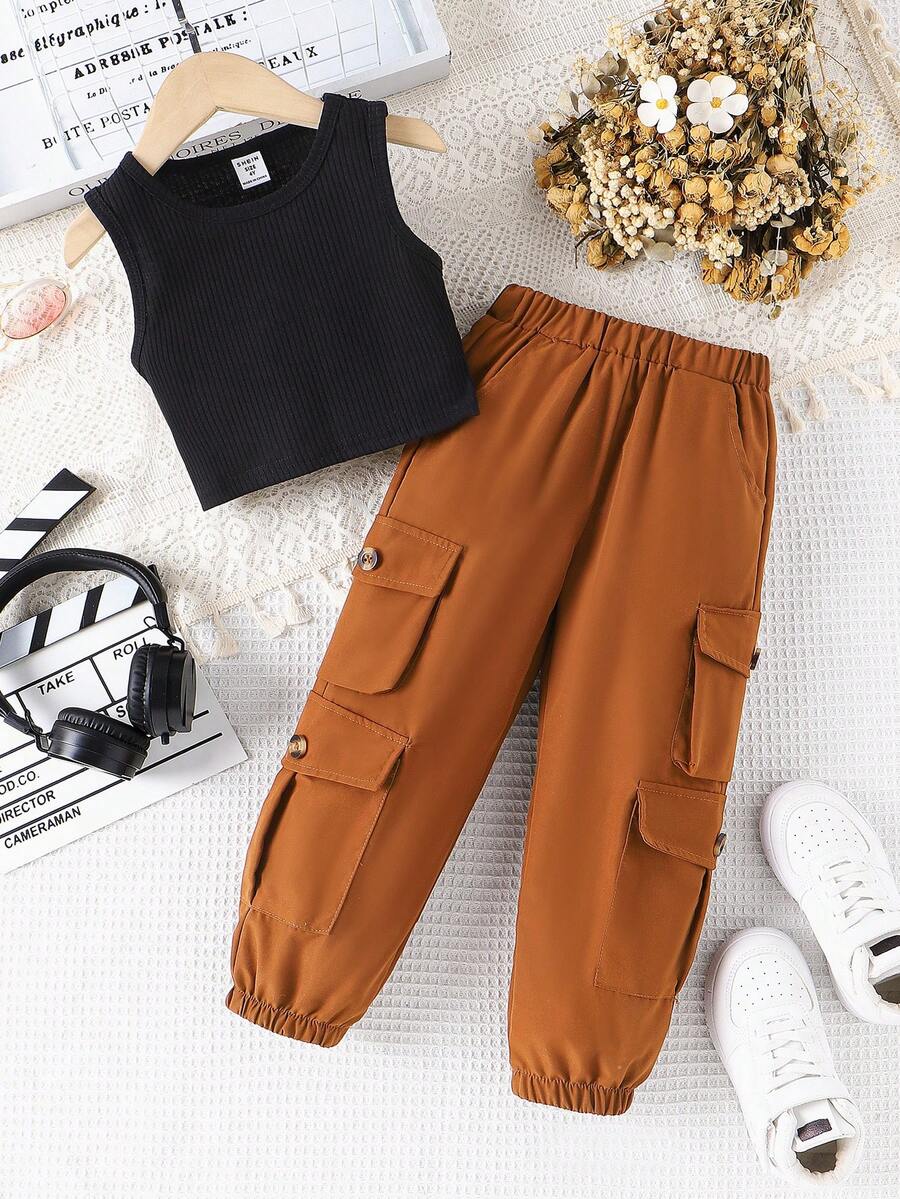 SHEIN 女童上衣和工装口袋运动裤两件套 - 卡其色 - 查看 1