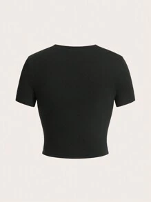 SHEIN EZwear 女士心形鑲鑽t恤 - 黑色 - 查看 2