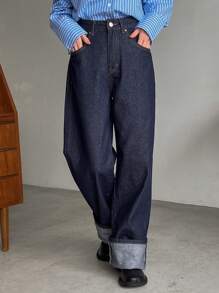 高腰直筒牛仔褲 - 黑色 - 查看 4