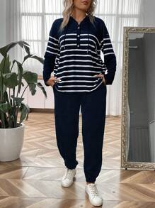 SHEIN LUNE Kích thước lớn Của phụ nữ Sọc áo có mũ Áo Và Quần Bộ - Màu xanh lam - Xem 1