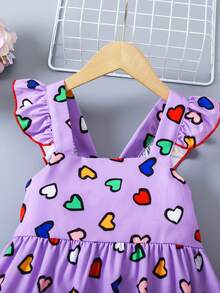 SHEIN 幼兒女孩荷葉邊下擺愛心印花洋裝 - 紫色 - 查看 3