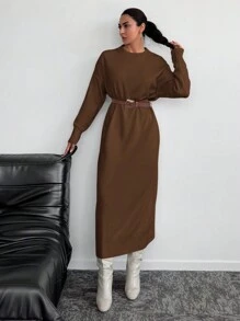 EURMUSE Vestido De Suéter De Hombro Caído De Color Sólido Para Mujer - Marrón - Ver 4