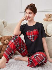 SHEIN Thiếu niên Cô gái Dệt kim Hình trái tim Áo thun Và quần kẻ sọc Bộ PJ - màu đen - Xem 1