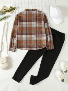 SHEIN Tween Girls' Plaid Flip Pocket Shirt And Comfortable Casual Pants Two Piece Outfit - Multicolor - View 2