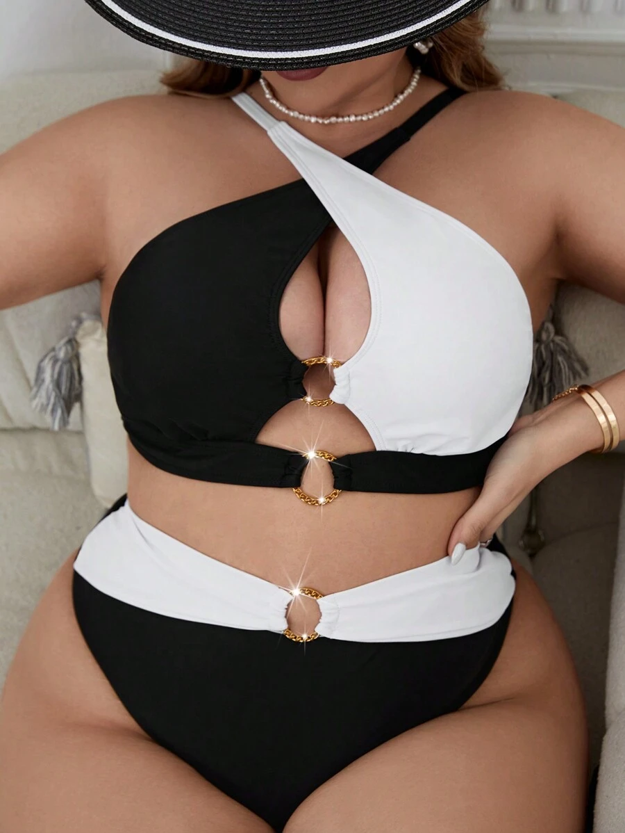 SHEIN Swim Curve Plus Size Color Block Cross Back Hollow Out Bikini Set Bãi biển mùa hè - Đen và trắng - Xem 1