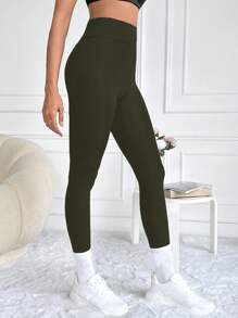 SHEIN Cottnline Solid Wideband Waist Leggings - Green - View 4